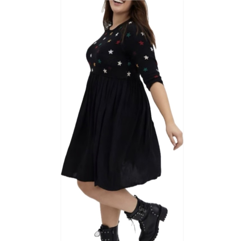 Torrid Black & Multi Star Knit-to-Woven Skater Dress